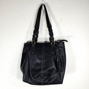 St. Johns Bay Black Faux Leather Tote Bag With Braided Handles & Tassel Accent